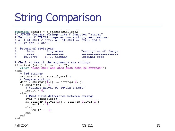 String Comparison function result = c_strcmp(str 1, str 2) %C_STRCMP Compare strings like C
