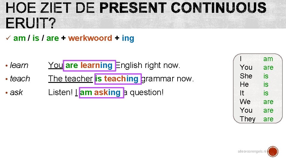 ü am / is / are + werkwoord + ing • learn You are