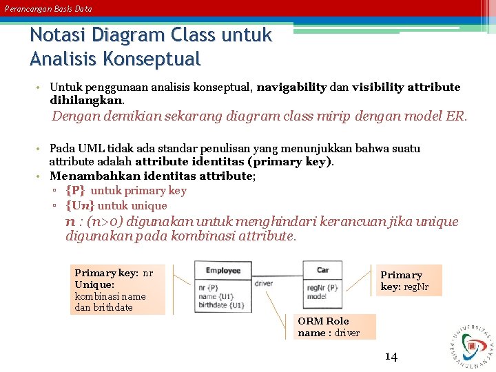 Perancangan Basis Data Notasi Diagram Class untuk Analisis Konseptual • Untuk penggunaan analisis konseptual, Perancangan Basis Data Notasi Diagram Class untuk Analisis Konseptual • Untuk penggunaan analisis konseptual,