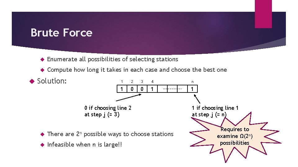 Brute Force Enumerate all possibilities of selecting stations Compute how long it takes in