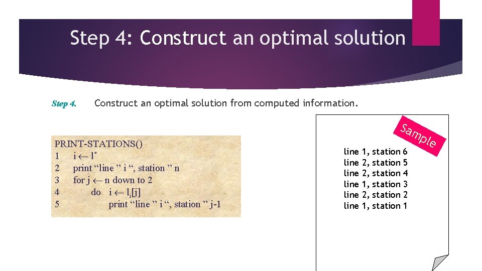 Step 4: Construct an optimal solution Step 4. Construct an optimal solution from computed
