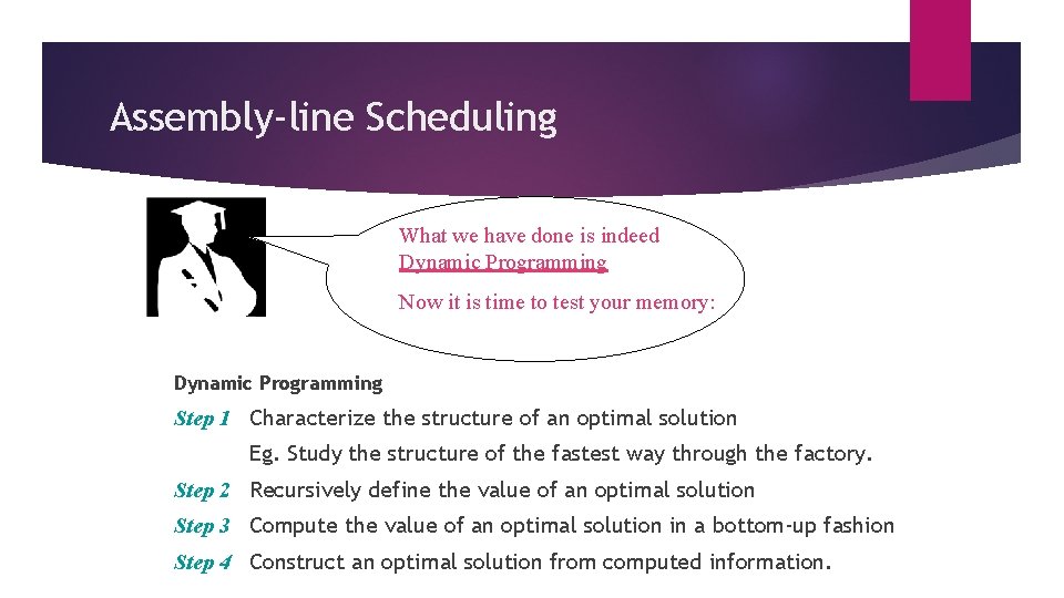 Assembly-line Scheduling What we have done is indeed Dynamic Programming Now it is time