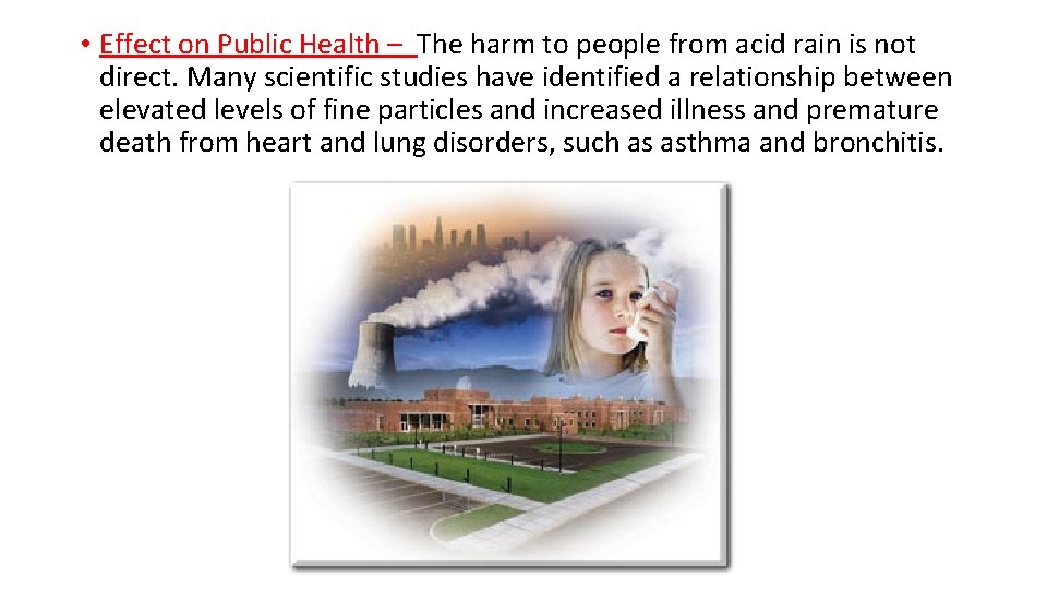  • Effect on Public Health – The harm to people from acid rain
