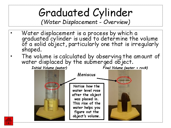 Graduated Cylinder (Water Displacement - Overview) • • Water displacement is a process by