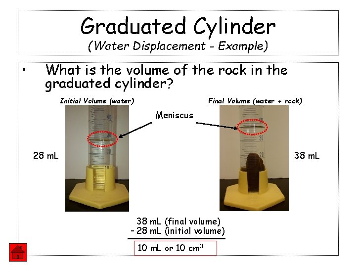 Graduated Cylinder (Water Displacement - Example) • What is the volume of the rock