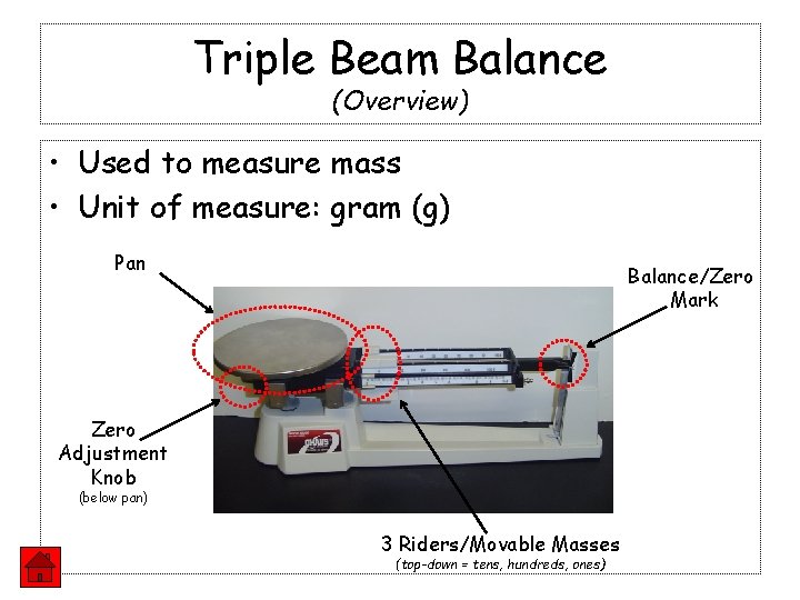 Triple Beam Balance (Overview) • Used to measure mass • Unit of measure: gram