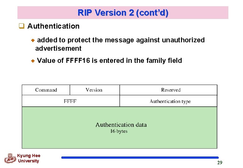 RIP Version 2 (cont’d) q Authentication added to protect the message against unauthorized advertisement