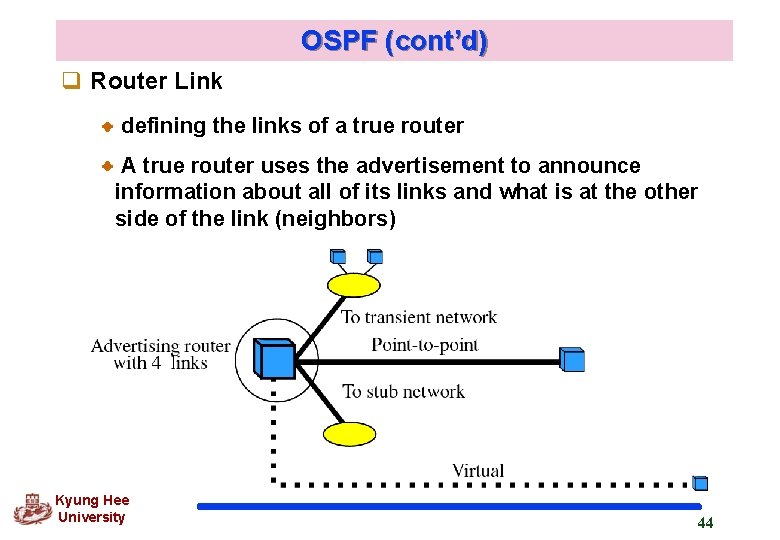 OSPF (cont’d) q Router Link defining the links of a true router A true