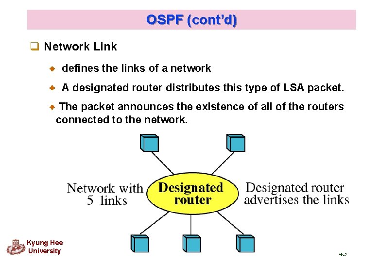 OSPF (cont’d) q Network Link defines the links of a network A designated router