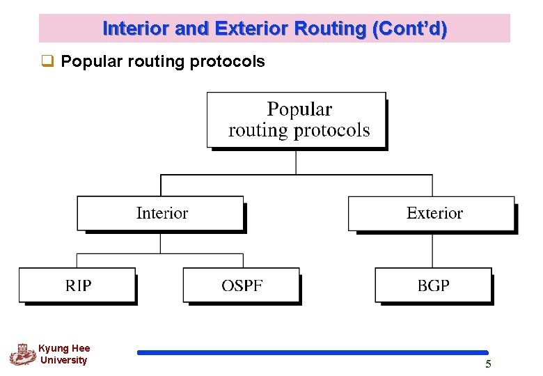 Interior and Exterior Routing (Cont’d) q Popular routing protocols Kyung Hee University 5 