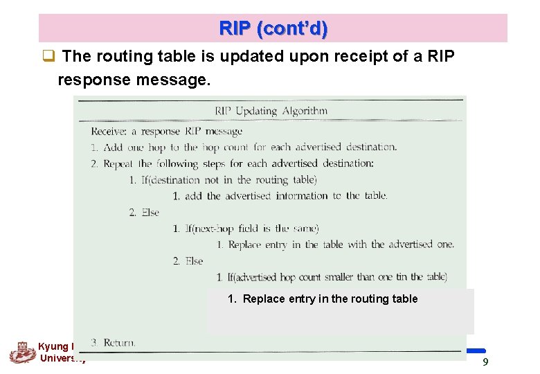 RIP (cont’d) q The routing table is updated upon receipt of a RIP response