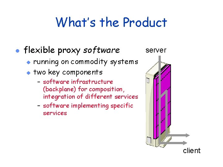 What’s the Product l flexible proxy software u u server running on commodity systems