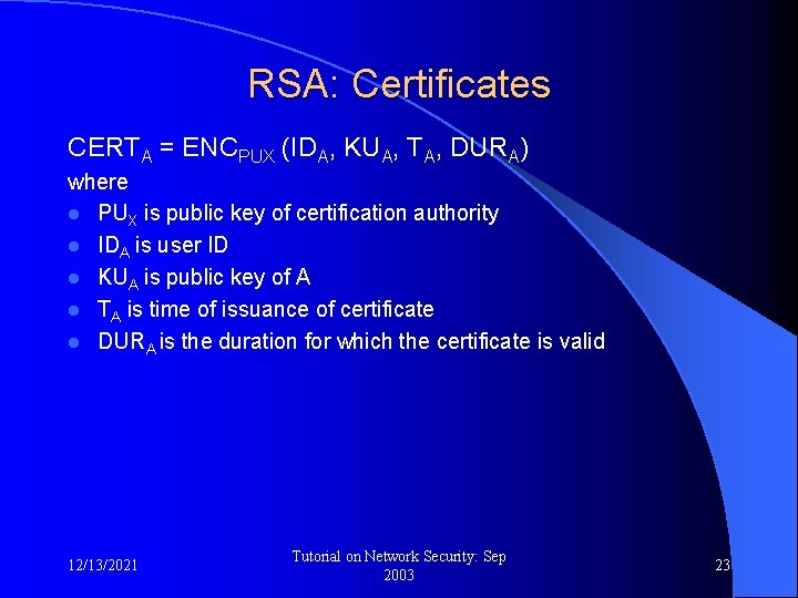 RSA: Certificates CERTA = ENCPUX (IDA, KUA, TA, DURA) where l PUX is public