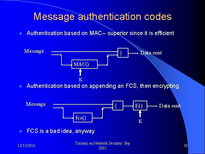 Message authentication codes l Authentication based on MAC-- superior since it is efficient Message