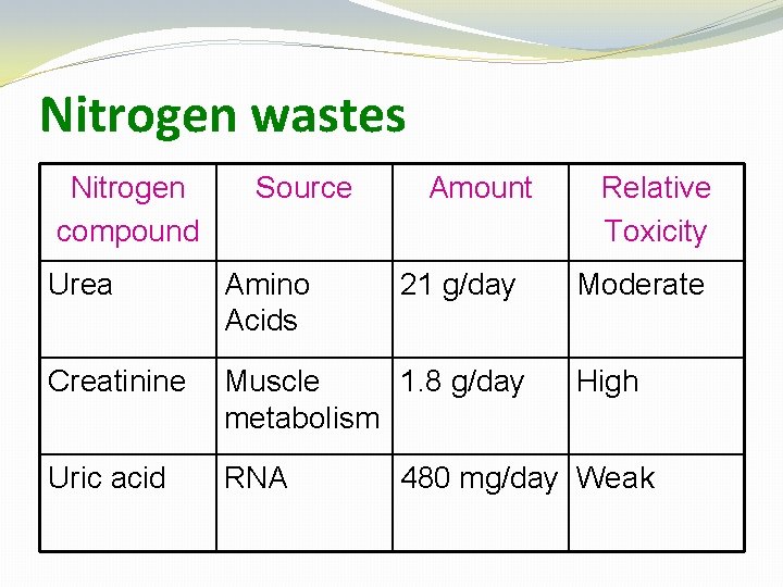 Nitrogen wastes Nitrogen compound Source Amount Urea Amino Acids 21 g/day Creatinine Muscle 1.