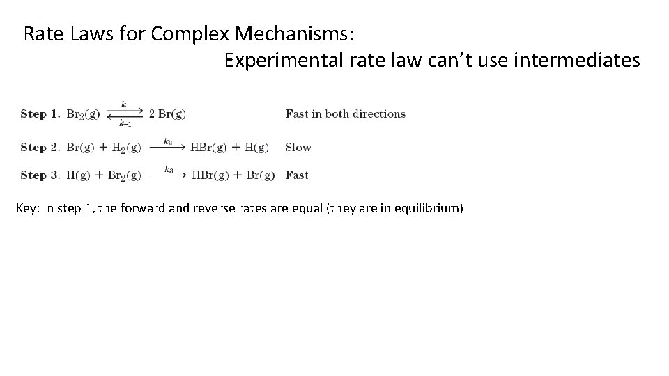 Rate Laws for Complex Mechanisms: Experimental rate law can’t use intermediates Key: In step