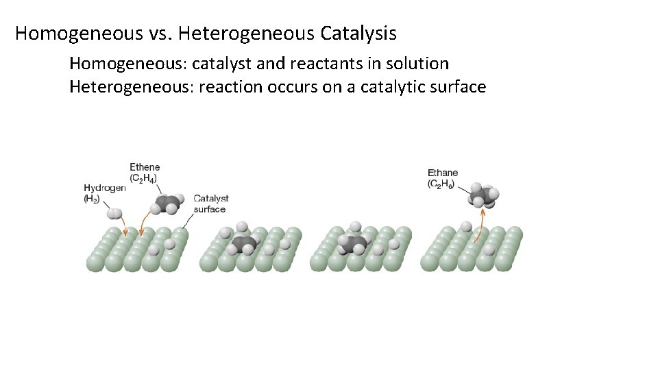 Homogeneous vs. Heterogeneous Catalysis Homogeneous: catalyst and reactants in solution Heterogeneous: reaction occurs on