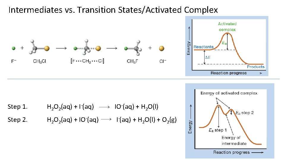 Intermediates vs. Transition States/Activated Complex Step 1. H 2 O 2(aq) + I-(aq) IO-(aq)