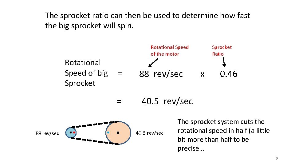 The sprocket ratio can then be used to determine how fast the big sprocket