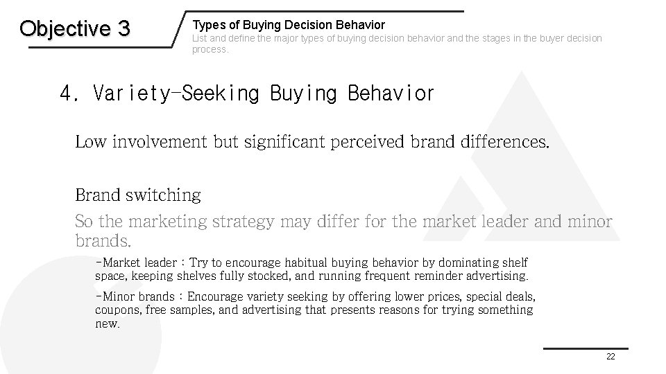 Objective 3 Types of Buying Decision Behavior List and define the major types of