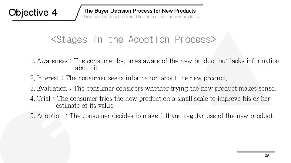 Objective 4 The Buyer Decision Process for New Products Describe the adoption and diffusion