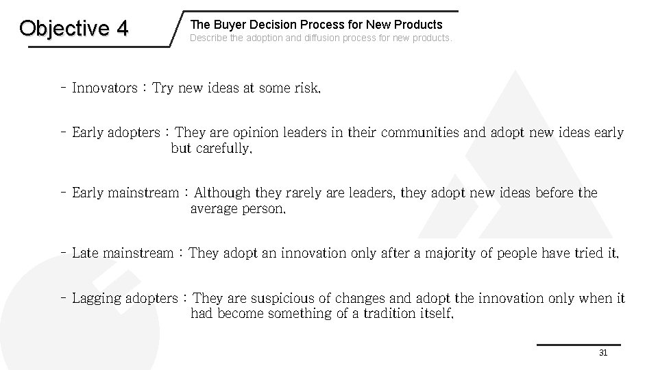 Objective 4 The Buyer Decision Process for New Products Describe the adoption and diffusion