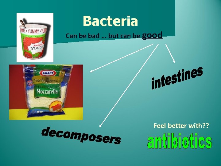 Bacteria Can be bad … but can be good Feel better with? ? 