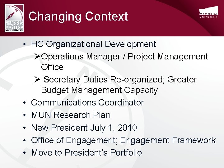 Changing Context • HC Organizational Development ØOperations Manager / Project Management Office Ø Secretary