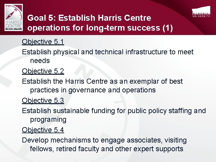 Goal 5: Establish Harris Centre operations for long-term success (1) Objective 5. 1 Establish