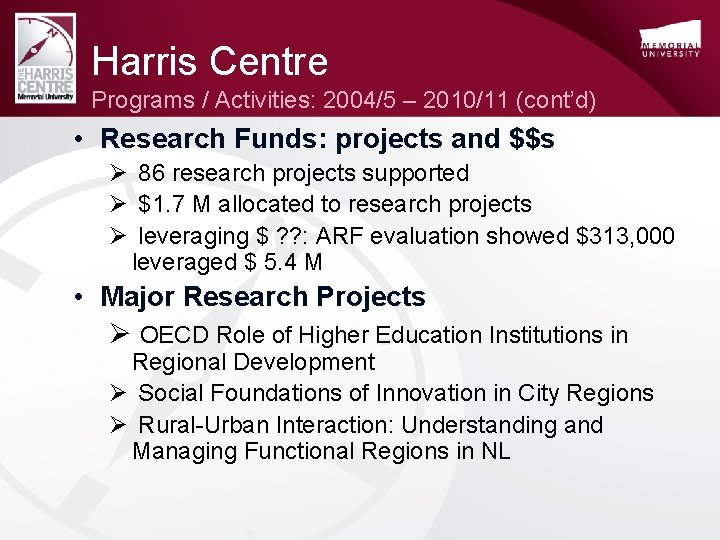 Harris Centre Programs / Activities: 2004/5 – 2010/11 (cont’d) • Research Funds: projects and