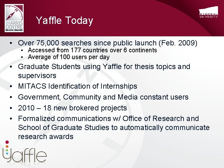 Yaffle Today • Over 75, 000 searches since public launch (Feb. 2009) • Accessed