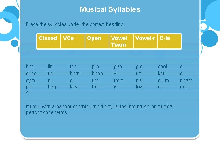 Musical Syllables Place the syllables under the correct heading. Closed boe duce cym pet