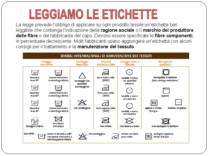 La legge prevede l’obbligo di applicare su ogni prodotto tessile un’etichetta ben leggibile che