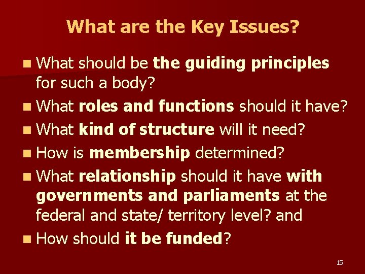 What are the Key Issues? n What should be the guiding principles for such