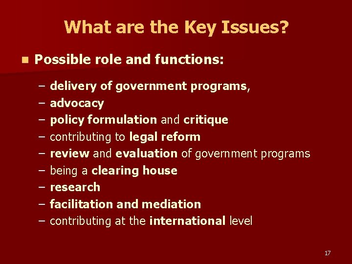 What are the Key Issues? n Possible role and functions: – – – –