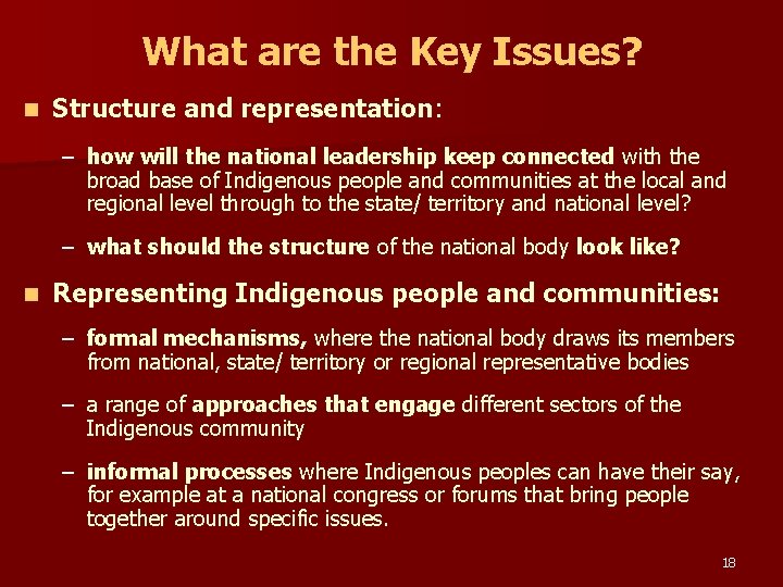 What are the Key Issues? n Structure and representation: – how will the national