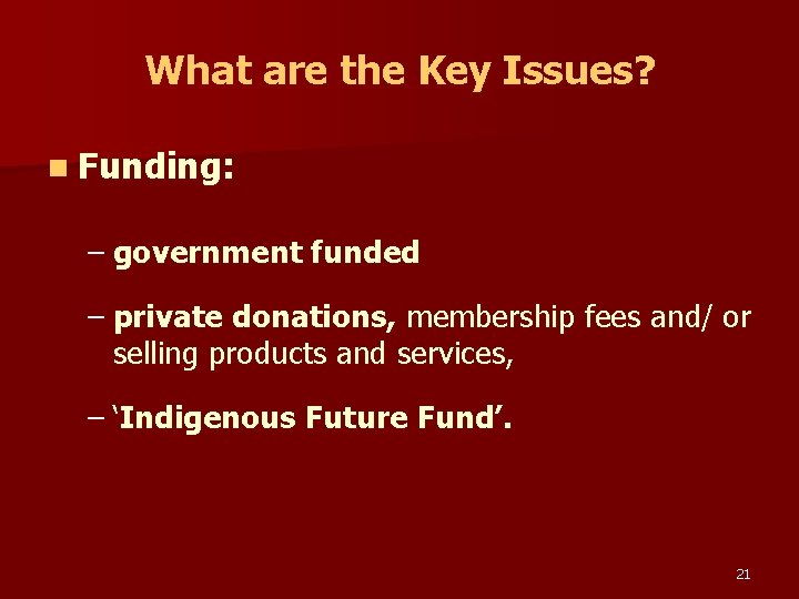 What are the Key Issues? n Funding: – government funded – private donations, membership