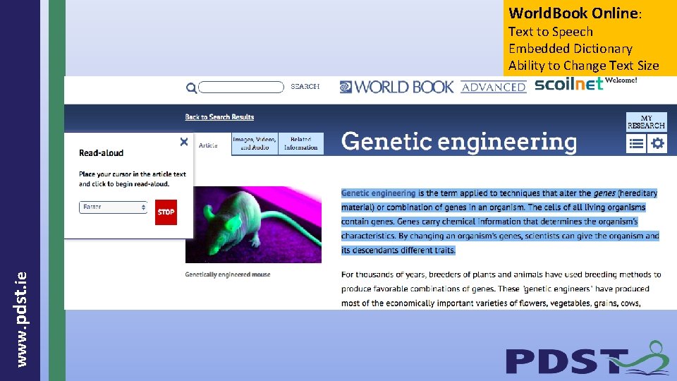 World. Book Online: www. pdst. ie Text to Speech Embedded Dictionary Ability to Change