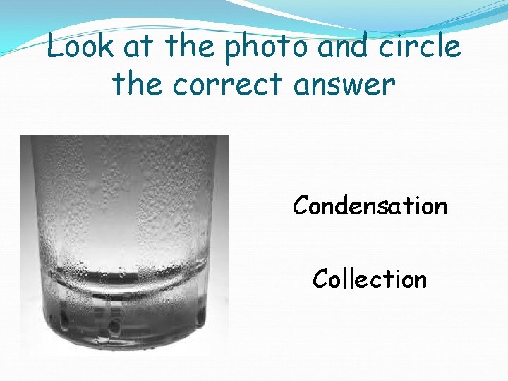 Look at the photo and circle the correct answer Condensation Collection 