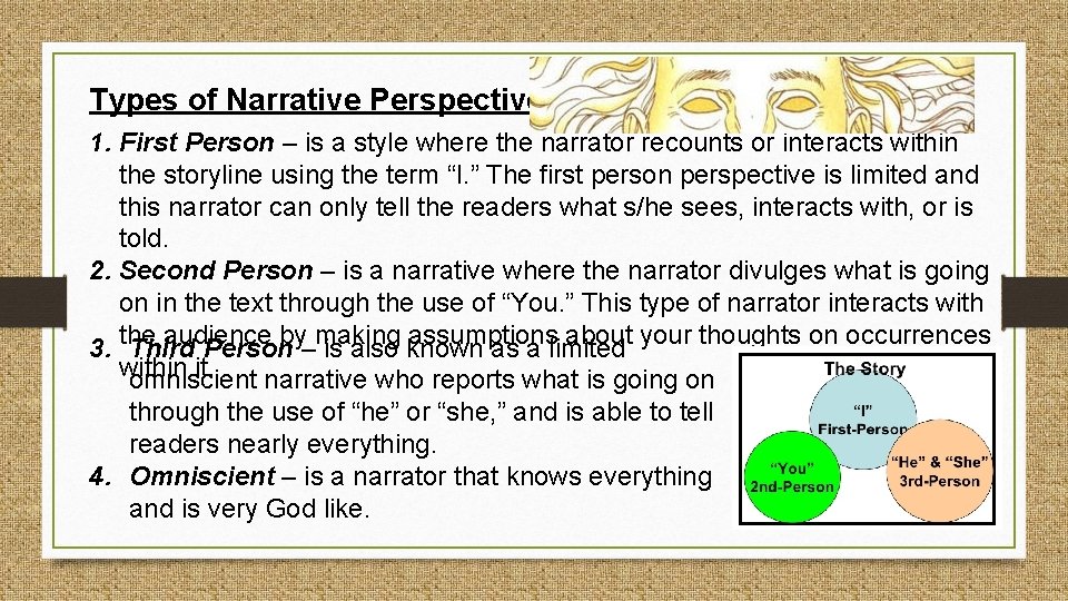 Types of Narrative Perspectives: 1. First Person – is a style where the narrator