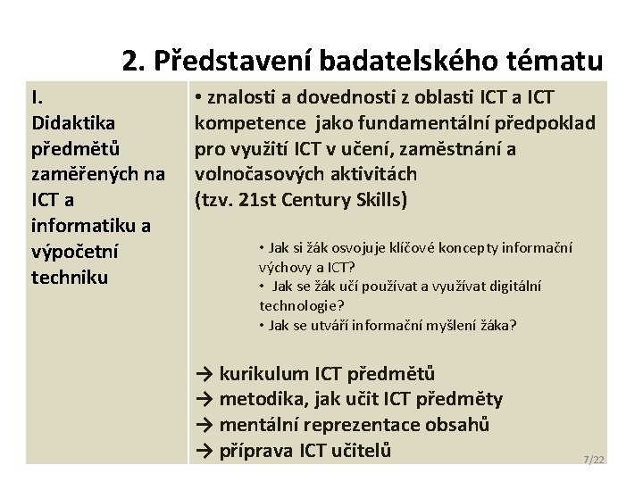 2. Představení badatelského tématu I. Didaktika předmětů zaměřených na ICT a informatiku a výpočetní