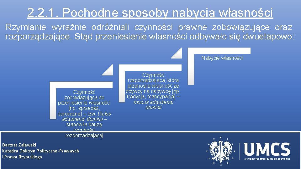 2. 2. 1. Pochodne sposoby nabycia własności Rzymianie wyraźnie odróżniali czynności prawne zobowiązujące oraz