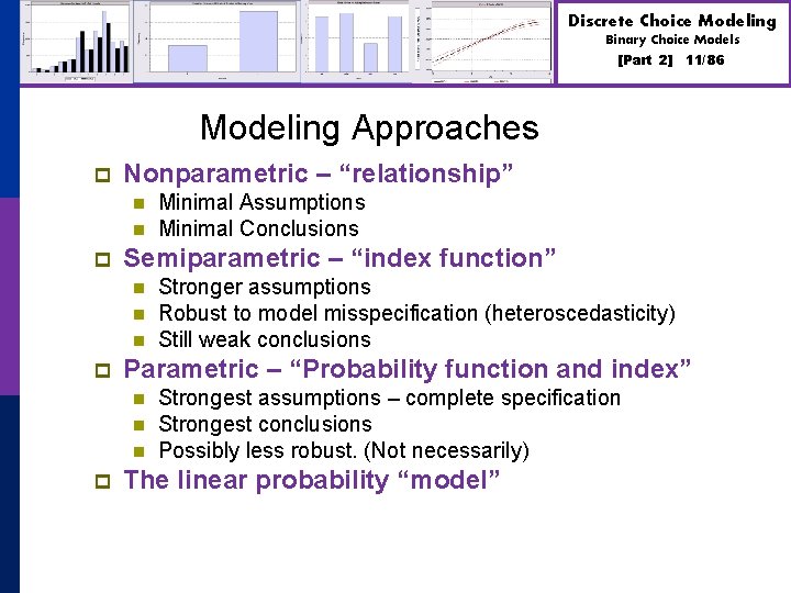 Discrete Choice Modeling Binary Choice Models [Part 2] 11/86 Modeling Approaches p Nonparametric –