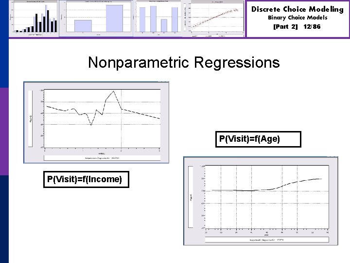 Discrete Choice Modeling Binary Choice Models [Part 2] Nonparametric Regressions P(Visit)=f(Age) P(Visit)=f(Income) 12/86 