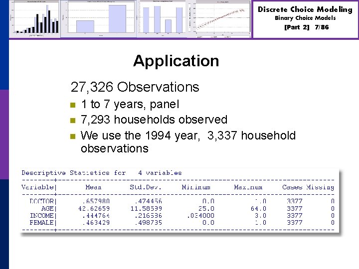 Discrete Choice Modeling Binary Choice Models [Part 2] Application 27, 326 Observations n n