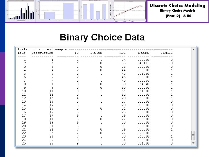 Discrete Choice Modeling Binary Choice Models [Part 2] Binary Choice Data 8/86 