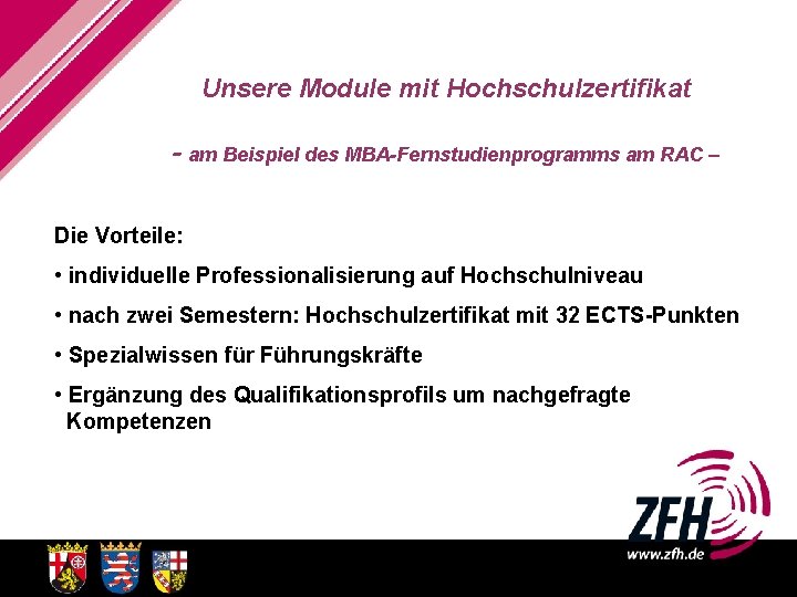 Unsere Module mit Hochschulzertifikat - am Beispiel des MBA-Fernstudienprogramms am RAC – Die Vorteile: