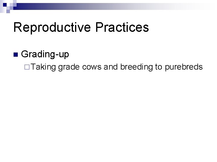 Reproductive Practices n Grading-up ¨ Taking grade cows and breeding to purebreds 