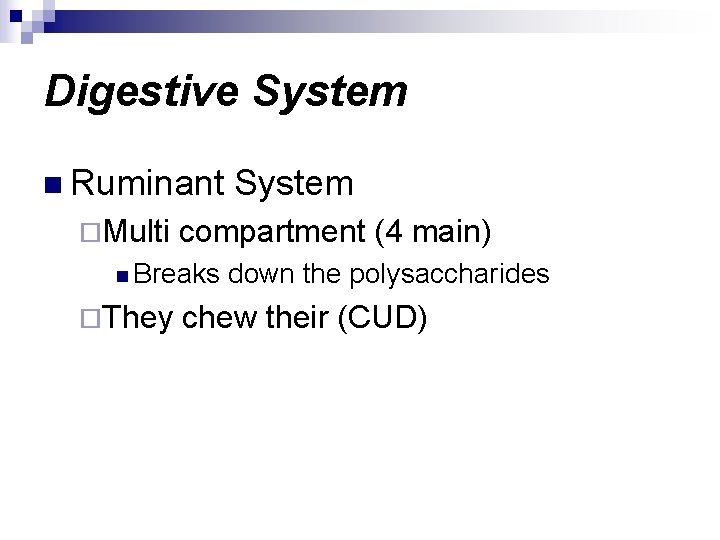 Digestive System n Ruminant ¨Multi compartment (4 main) n Breaks ¨They System down the
