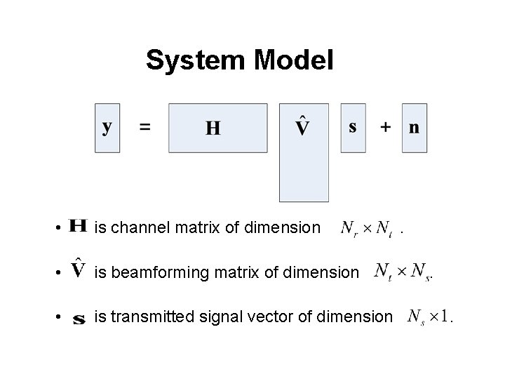 System Model • is channel matrix of dimension • is beamforming matrix of dimension